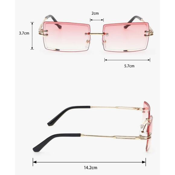 VINTAGE Rimless Rectangular Pink Tinted Fashion Sunglasses Gold Frame Unisex NEW - Picture 7 of 8